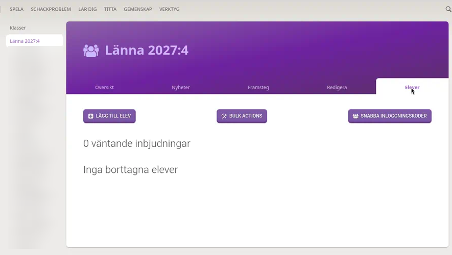 Fliken Elever med knapparna Lägg till elev och Snabba inloggningskoder.