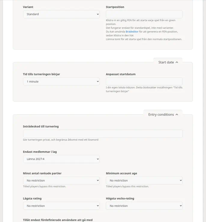 Tid tills turneringen börjar = 1 minute och Endast medlemmar i lag = klassens lag.